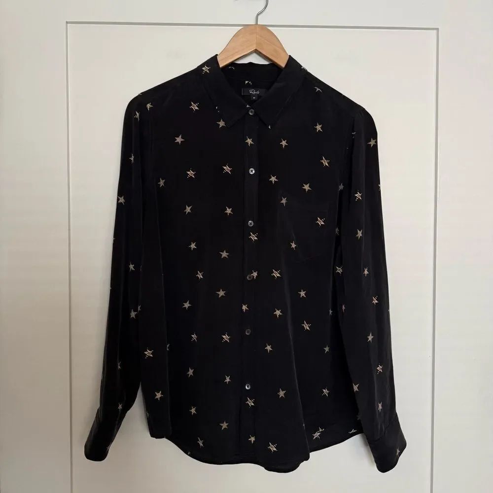 Rails Kate Noir Animal Stars Blouse Womens M Black 100% Silk Collared Button Up